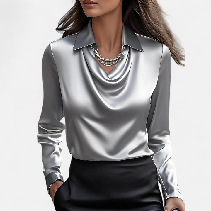 Delmor | Women's White Satin Blouse – Draped Neckline, Timeless Elegance