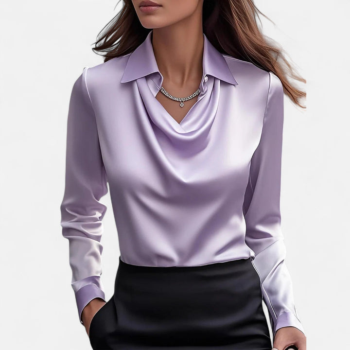Delmor | Women's White Satin Blouse – Draped Neckline, Timeless Elegance