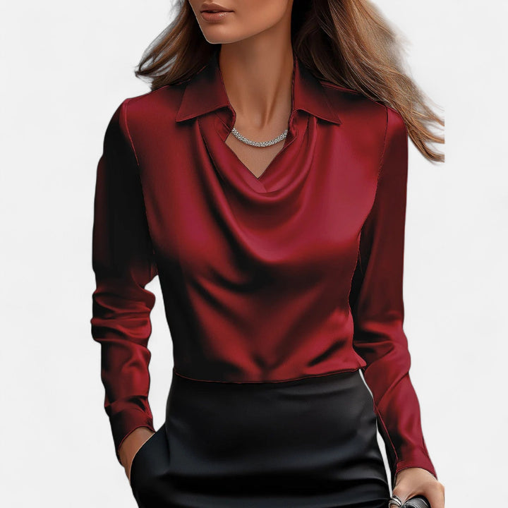 Delmor | Women's White Satin Blouse – Draped Neckline, Timeless Elegance