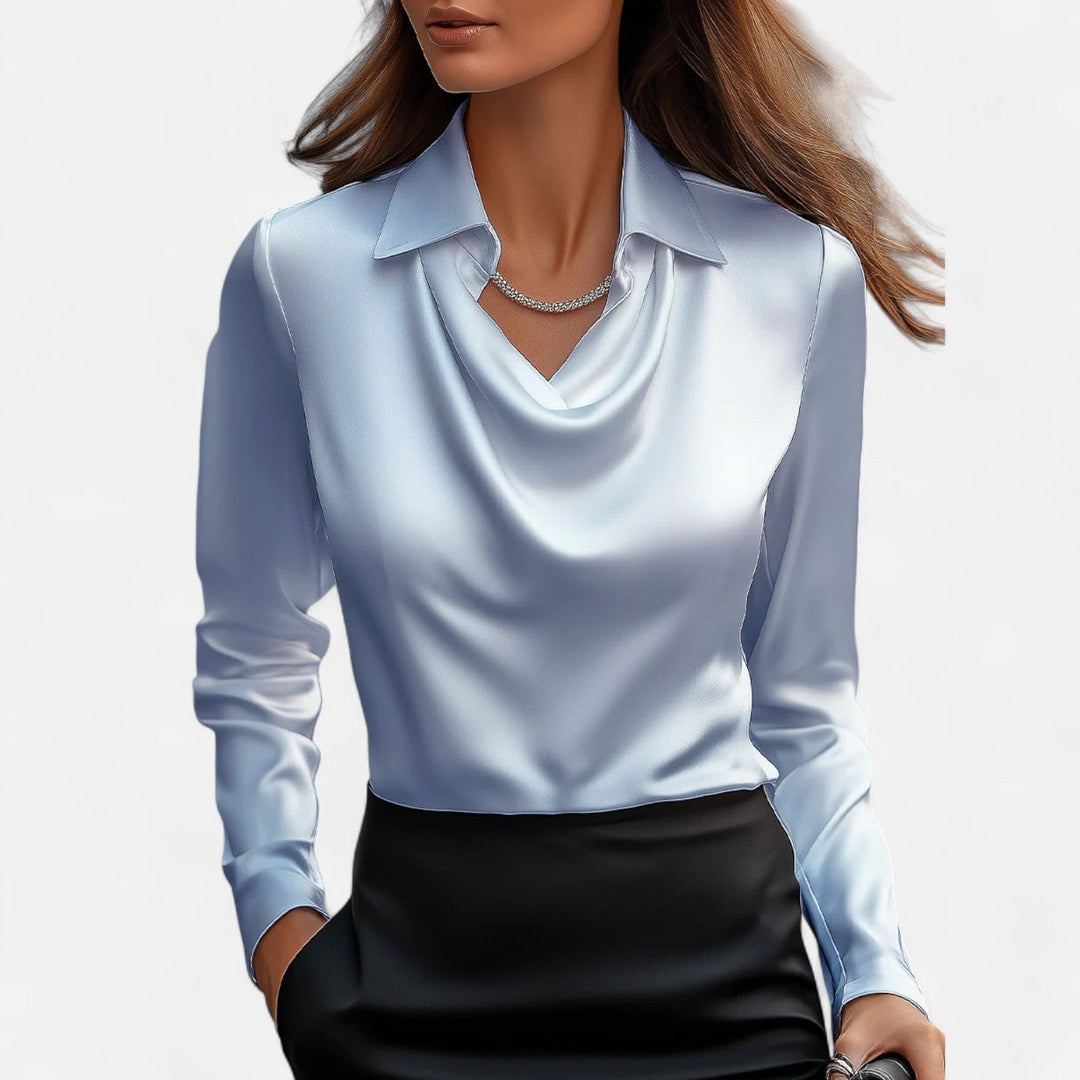 Delmor | Women's White Satin Blouse – Draped Neckline, Timeless Elegance