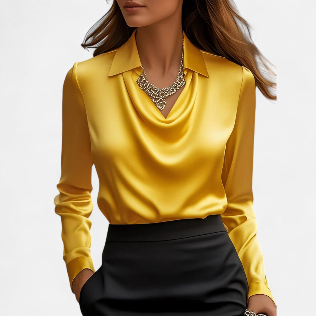 Delmor | Women's White Satin Blouse – Draped Neckline, Timeless Elegance
