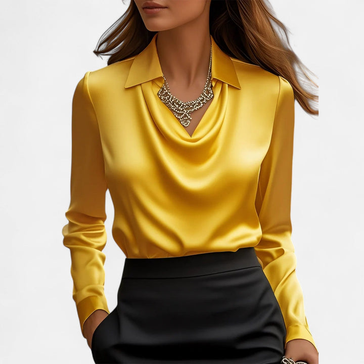 Delmor | Women's White Satin Blouse – Draped Neckline, Timeless Elegance