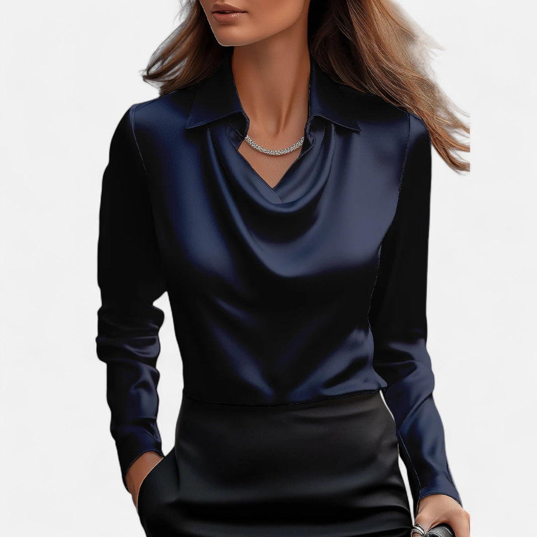 Delmor | Women's White Satin Blouse – Draped Neckline, Timeless Elegance