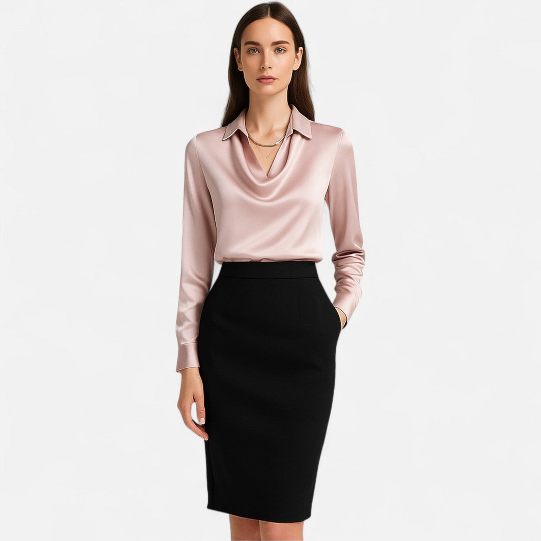 Delmor | Women's White Satin Blouse – Draped Neckline, Timeless Elegance