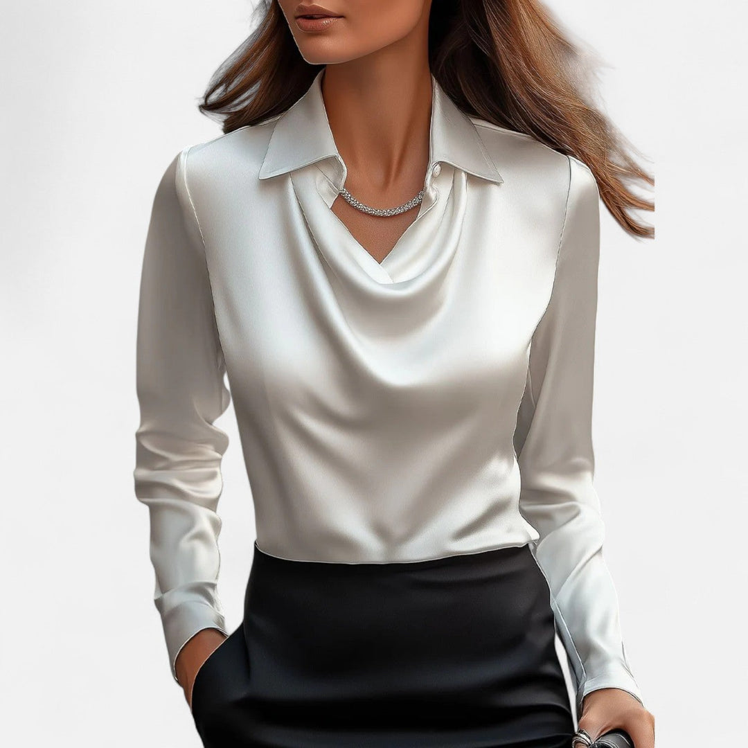 Delmor | Women's White Satin Blouse – Draped Neckline, Timeless Elegance